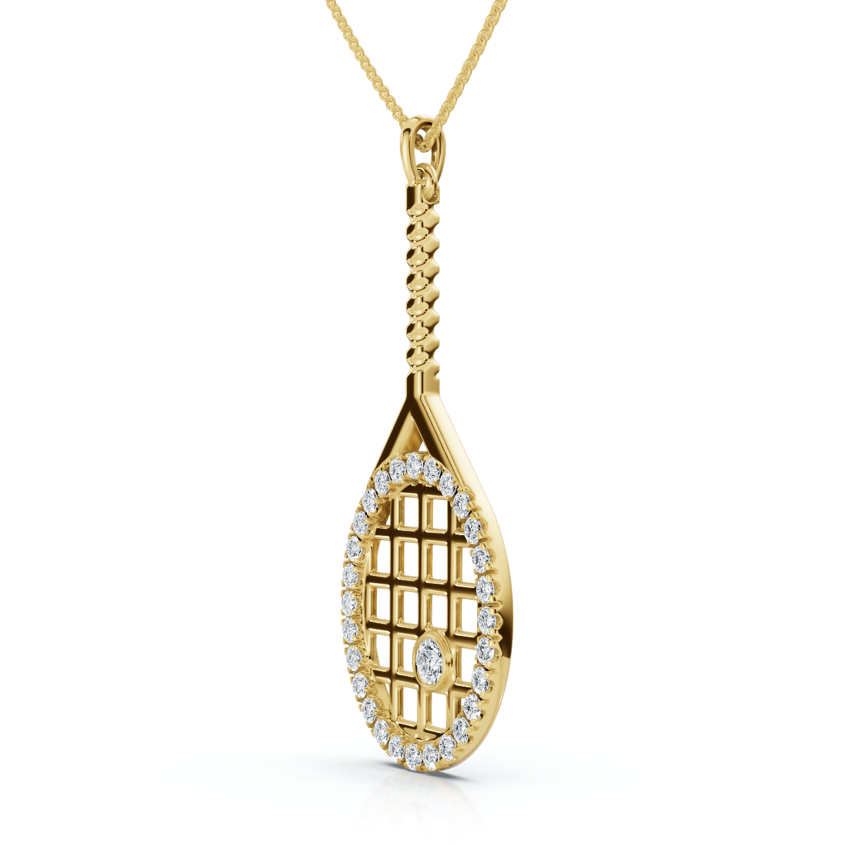 1/4Ct Diamond Pavé Tennis Racket Pendant Necklace 14k Gold Lab Grown Size: 3/4" Tall
