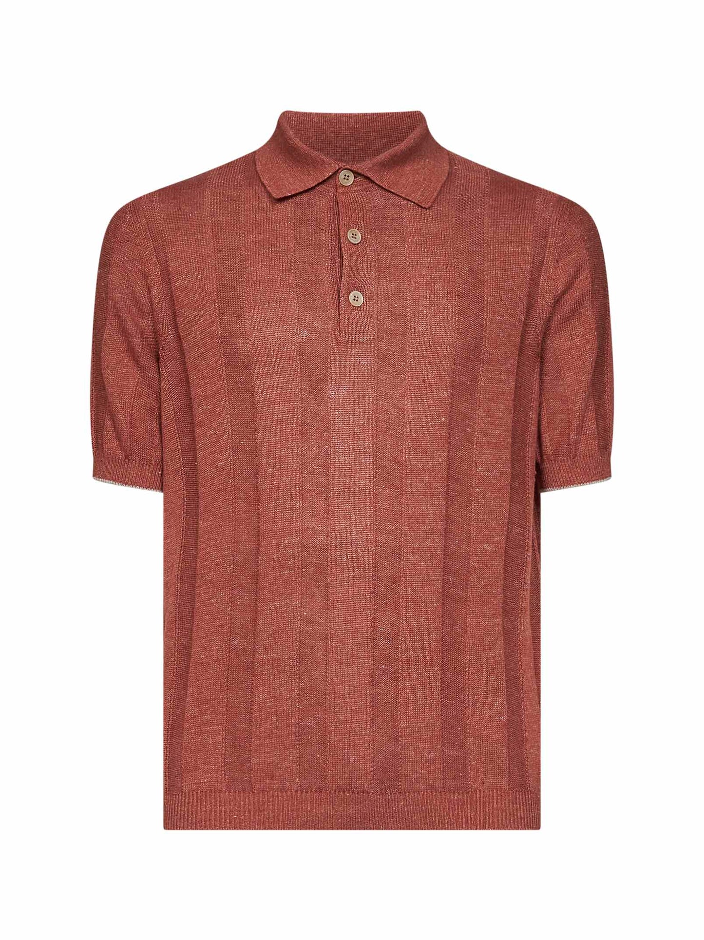 Brunello Cucinelli Men Terracotta Wide Ribbed Linen And Cotton Knit Polo Shirt