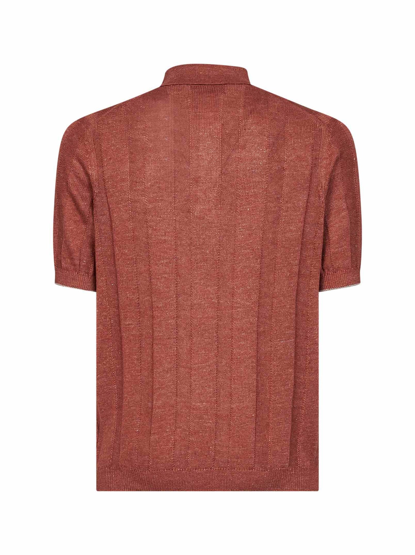 Brunello Cucinelli Men Terracotta Wide Ribbed Linen And Cotton Knit Polo Shirt