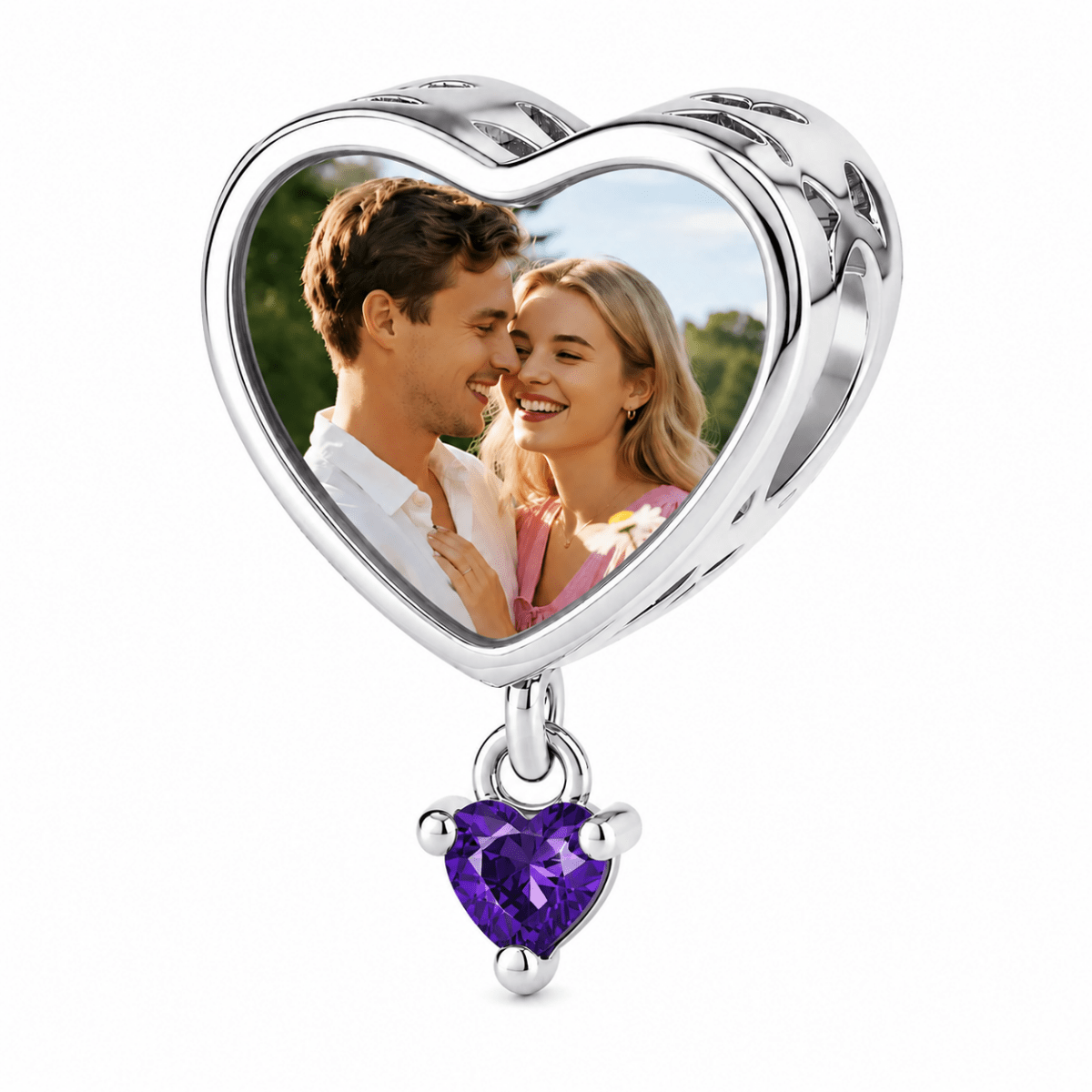 Personalized Photo & Engraved Heart Birthstone Dangle Charm
