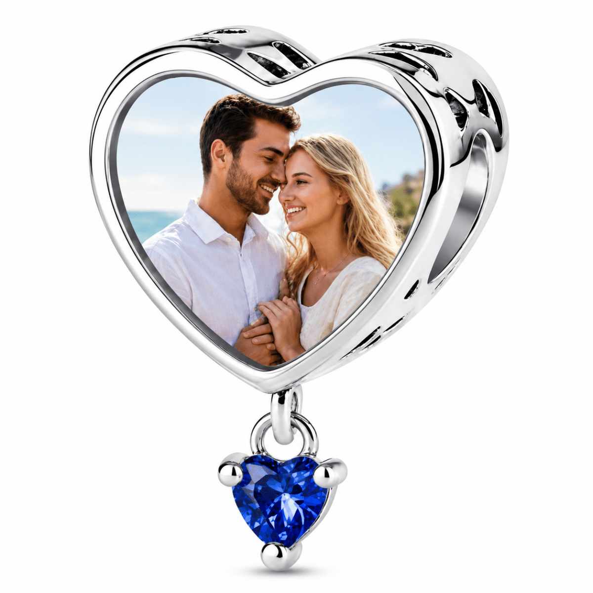 Personalized Photo & Engraved Heart Birthstone Dangle Charm