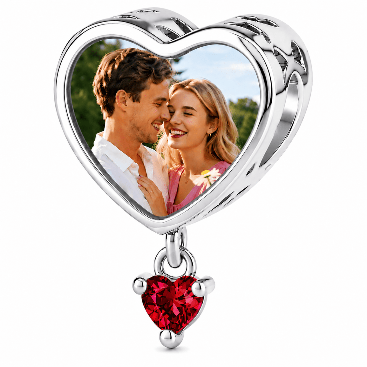 Personalized Photo & Engraved Heart Birthstone Dangle Charm