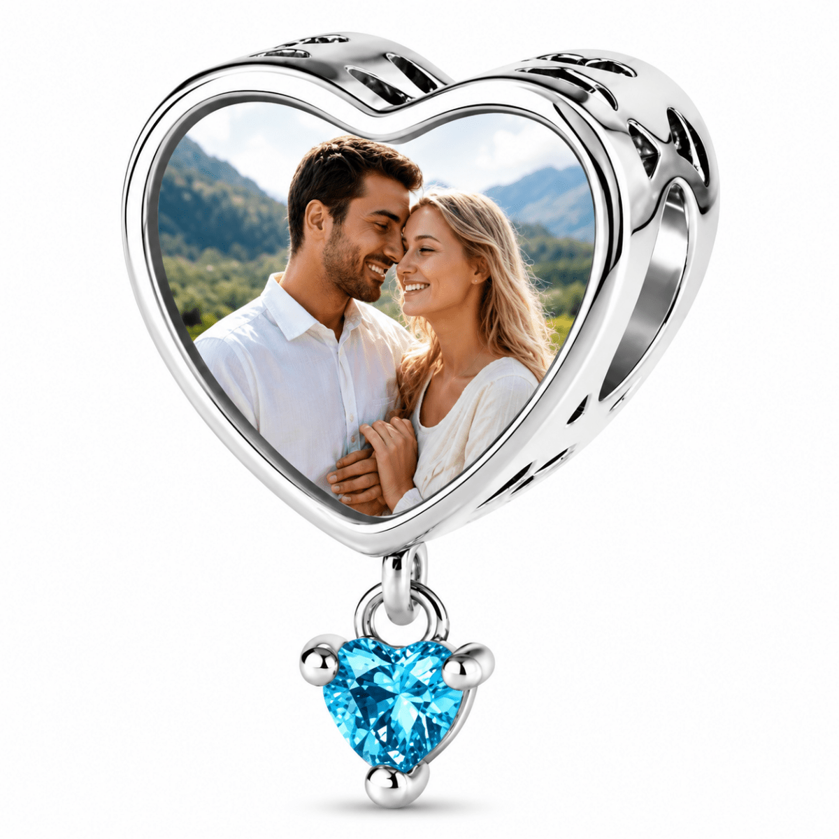 Personalized Photo & Engraved Heart Birthstone Dangle Charm
