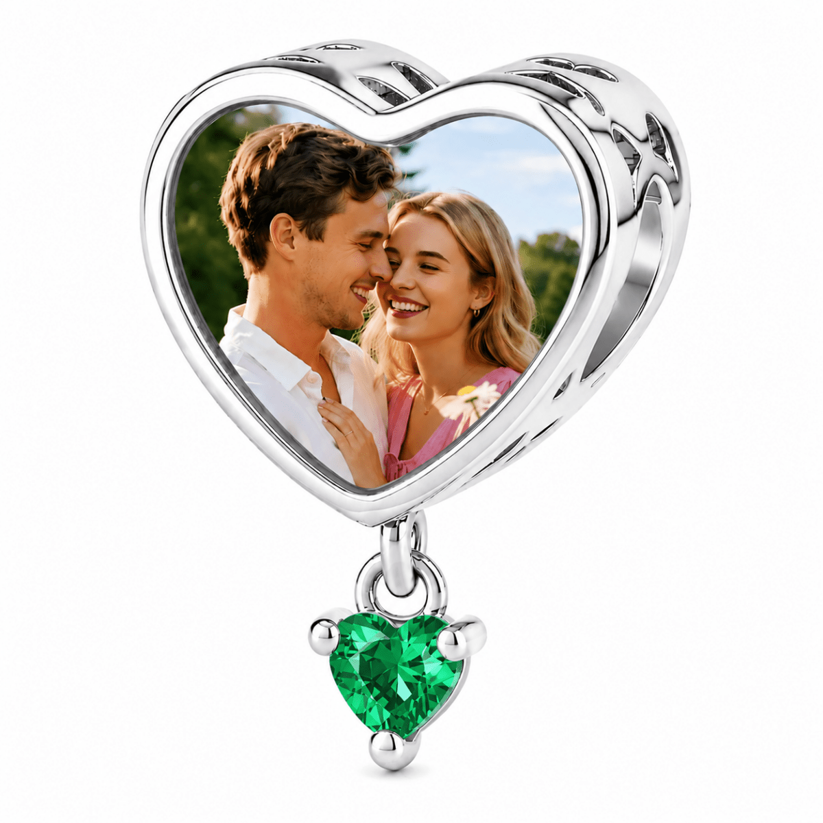 Personalized Photo & Engraved Heart Birthstone Dangle Charm