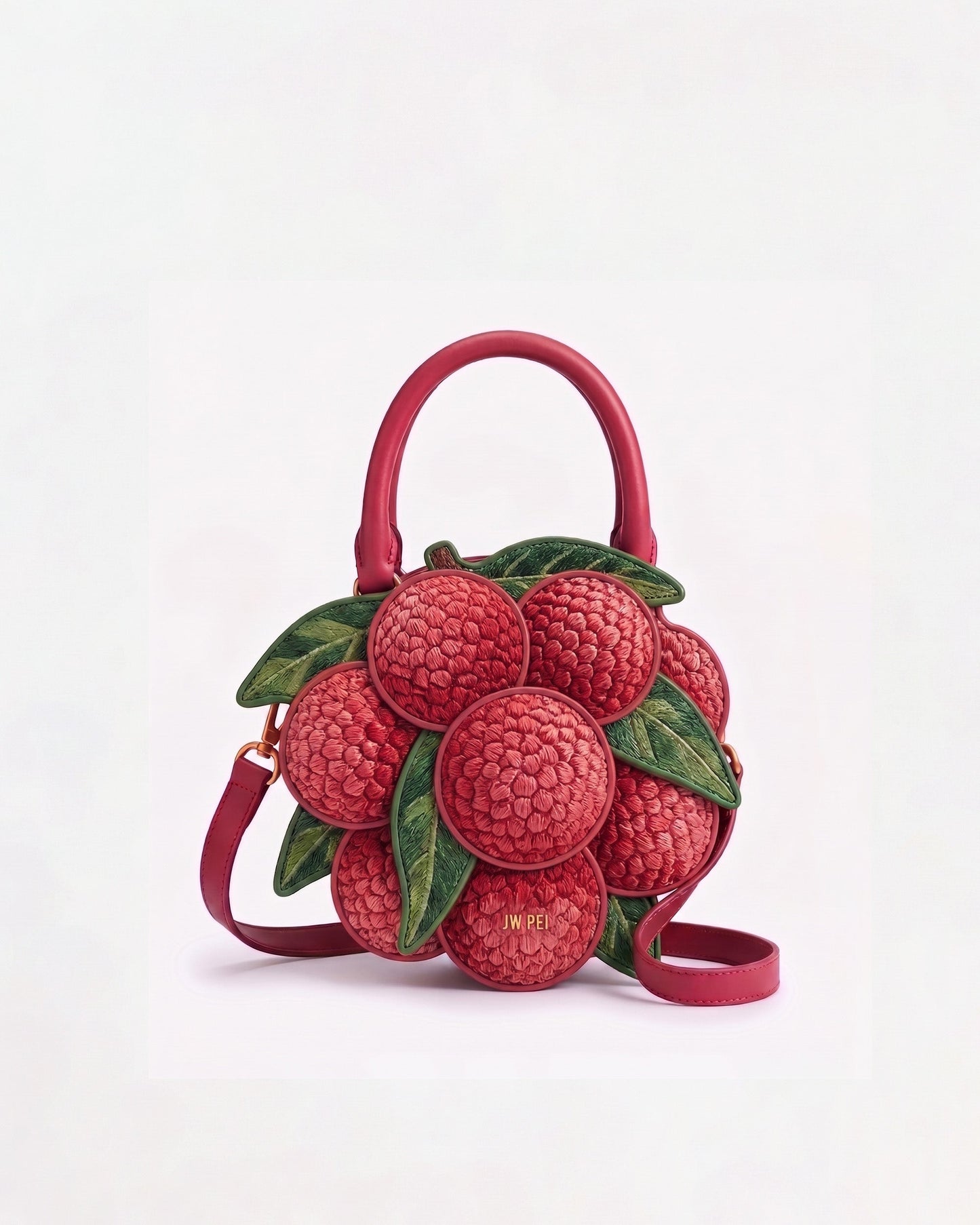 Lychee Embroidered Top Handle Bag - Red