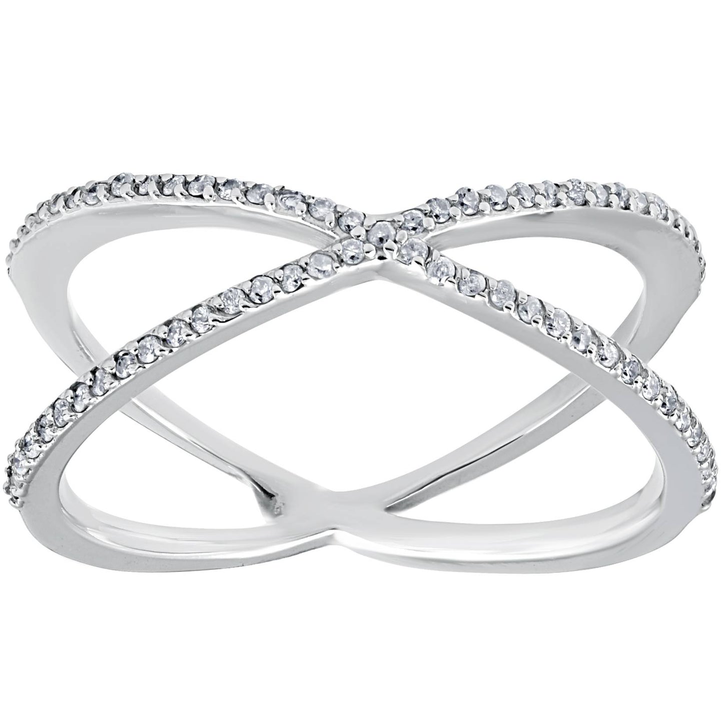 1/5CT 10K White Gold Round Diamond Crossover Cocktail Fashion Statement X Ring