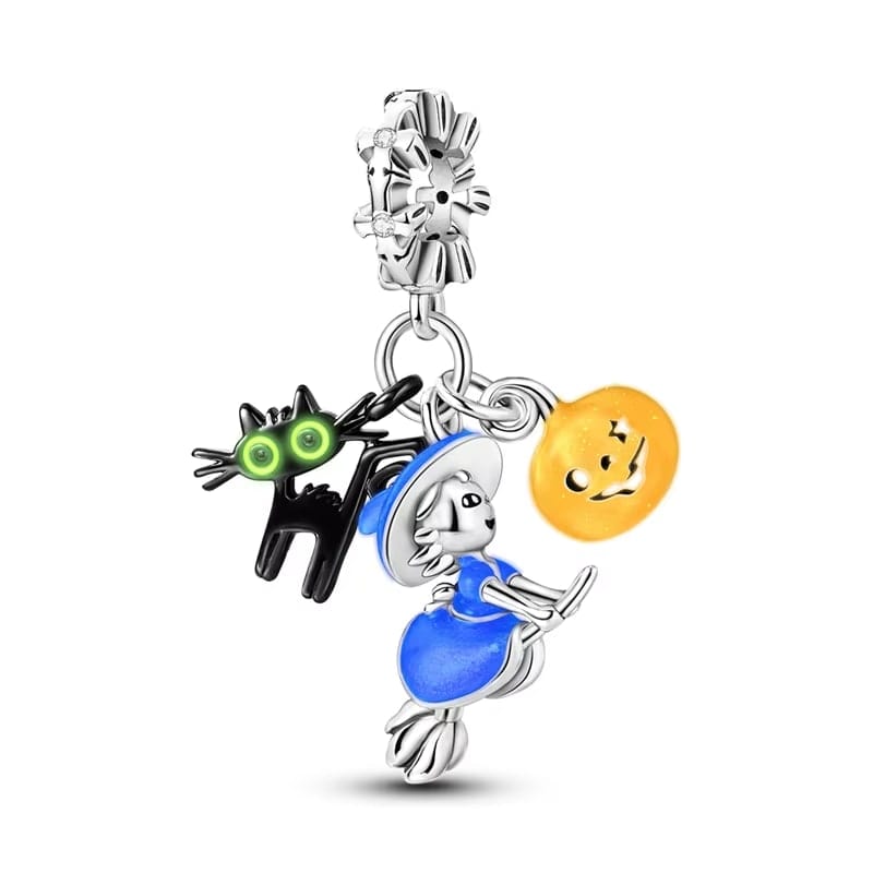 Witch on Broomstick, Luminous Cat & Pumpkin Triple Dangle Charm